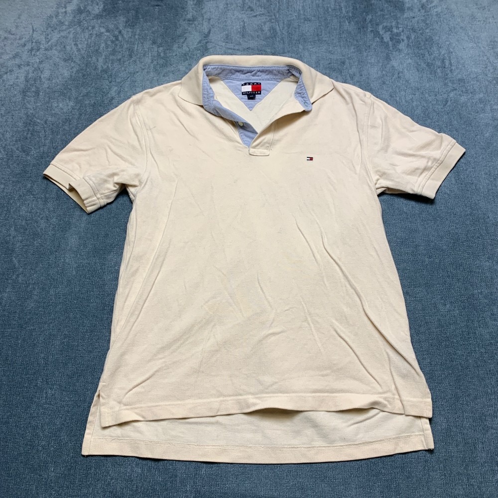 Tommy Hilfiger Polo Shirt Mens Small Off White Cotton Logo Side Slit Tennis Golf